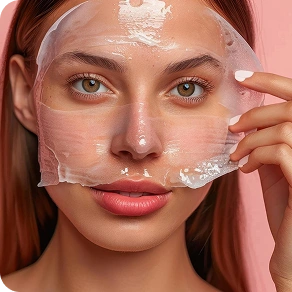 A smiling woman peeling a transparent sheet mask off her face against a blue background.