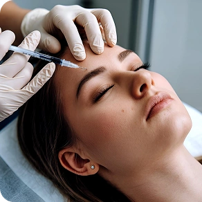 A gloved hand holding a syringe near a woman's forehead for a cosmetic injection.