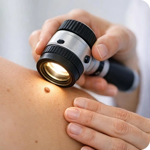 A gloved hand holding a magnifying glass over a mole on a woman's neck during a skin examination.