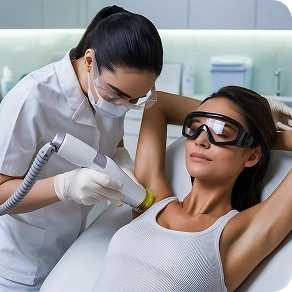 A woman wearing protective goggles receiving a laser treatment on her face at a clinic.
