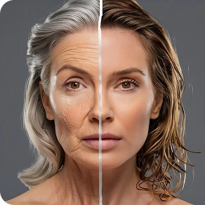 Split before-and-after comparison of an older woman's face showing skin rejuvenation results.