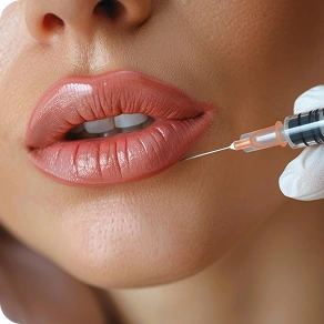 A gloved hand administering a syringe injection to a woman's face during a cosmetic procedure.