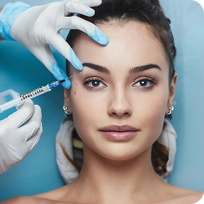 A gloved hand holding a syringe near a woman's face with cosmetic treatment markings drawn on her skin.