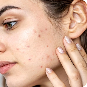 A young woman examining her acne-prone skin in a small mirror.