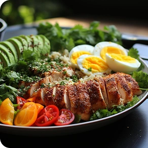 Person holding a plate of fresh salad with boiled eggs, cucumbers, tomatoes, and greens.