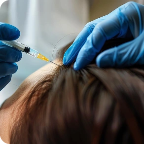 A gloved hand injecting a syringe into a person's scalp during a hair treatment procedure.