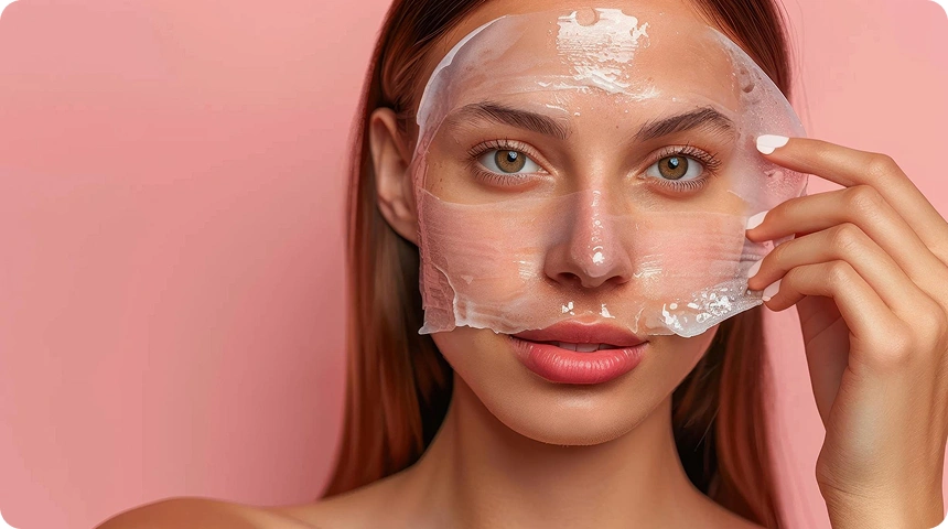 A smiling woman peeling a transparent sheet mask off her face against a blue background.