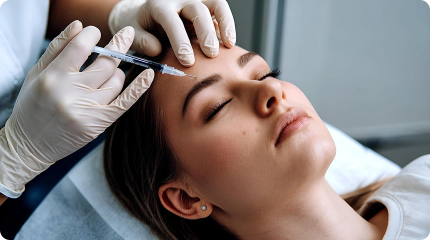 A gloved hand holding a syringe near a woman's forehead for a cosmetic injection.