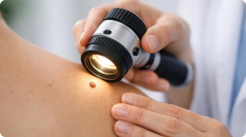 A gloved hand holding a magnifying glass over a mole on a woman's neck during a skin examination.