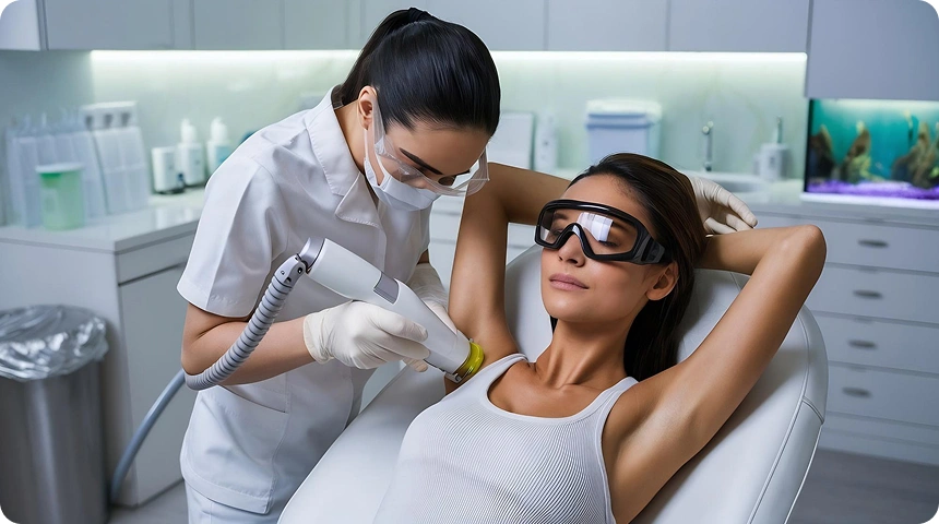 A woman wearing protective goggles receiving a laser treatment on her face at a clinic.
