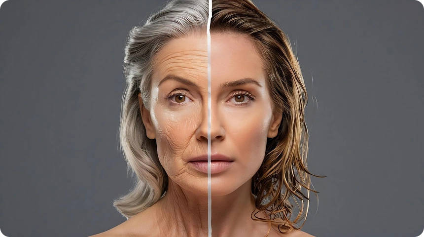 Split before-and-after comparison of an older woman's face showing skin rejuvenation results.