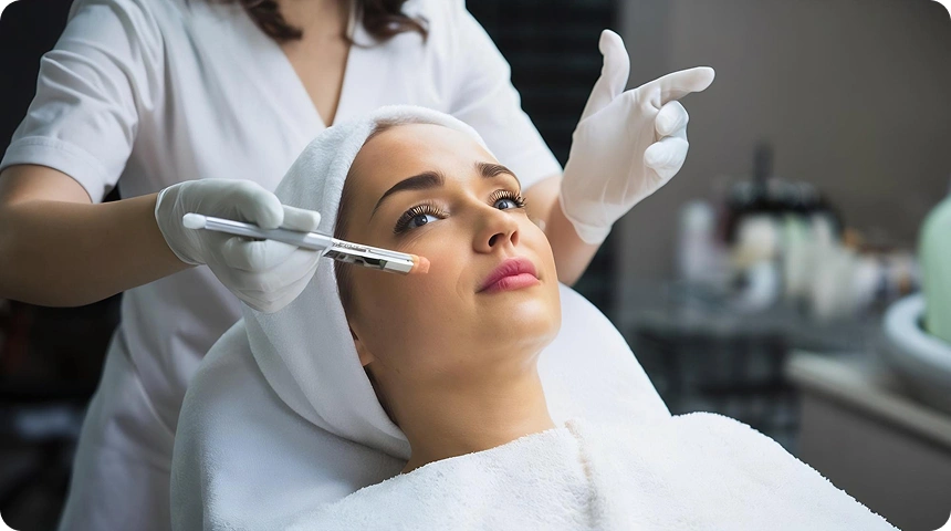 Gloved hands performing a facial treatment on a woman wearing a disposable cap at a clinic.