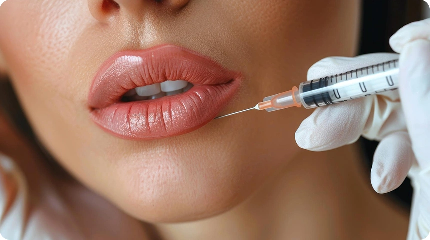 A gloved hand administering a syringe injection to a woman's face during a cosmetic procedure.