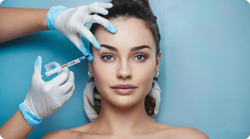 A gloved hand holding a syringe near a woman's face with cosmetic treatment markings drawn on her skin.