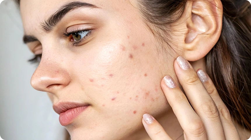 A young woman examining her acne-prone skin in a small mirror.