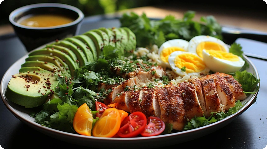 Person holding a plate of fresh salad with boiled eggs, cucumbers, tomatoes, and greens.