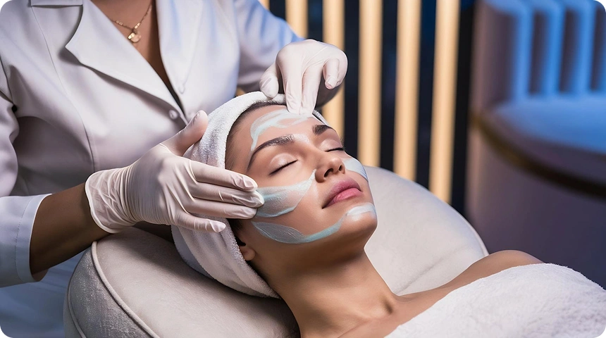 Facial treatment with mask application for skin rejuvenation and hydration