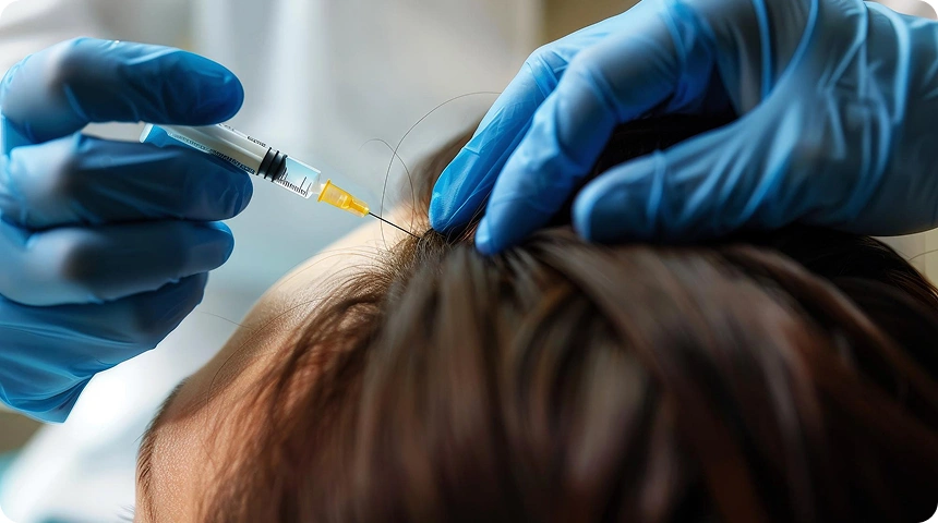 A gloved hand injecting a syringe into a person's scalp during a hair treatment procedure.